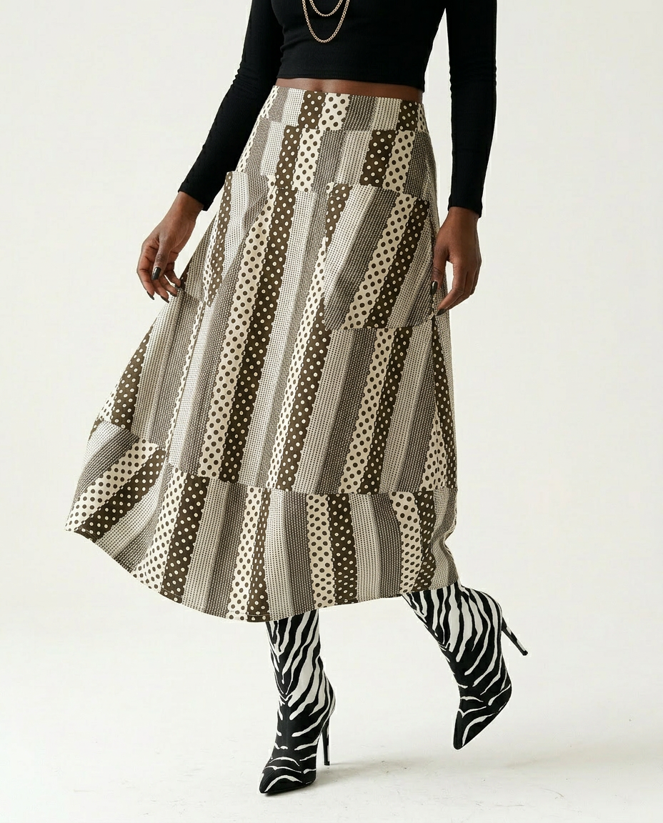 Unique Dot Striped A-Line Skirt Boho Brown
