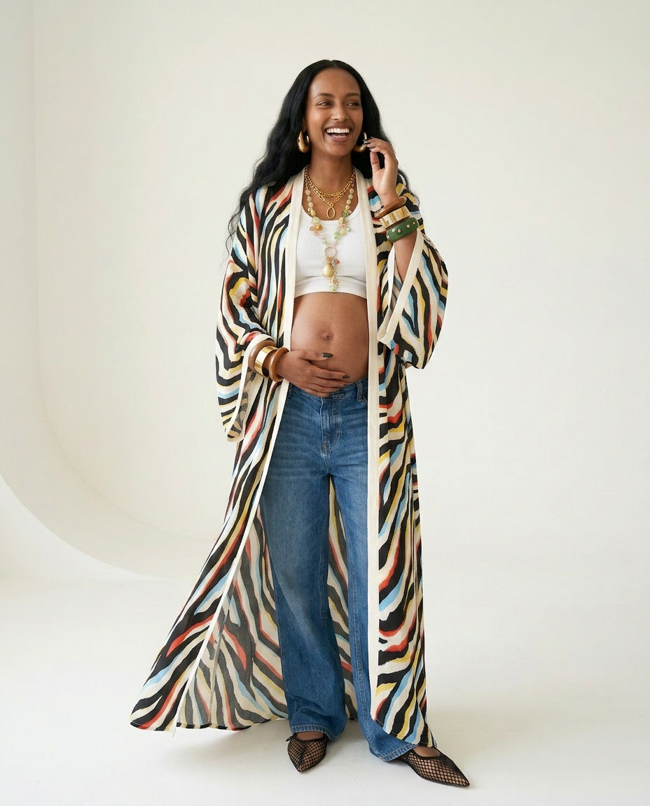 Vibrant Printed Maxi Kimono Boho Brown