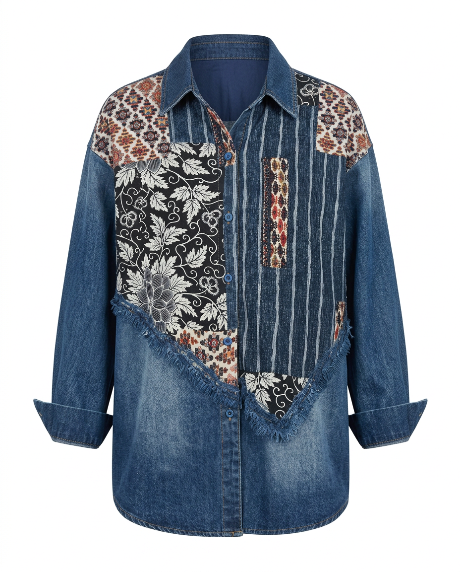 Free Spirit Patchwork Denim Blouse Boho Brown