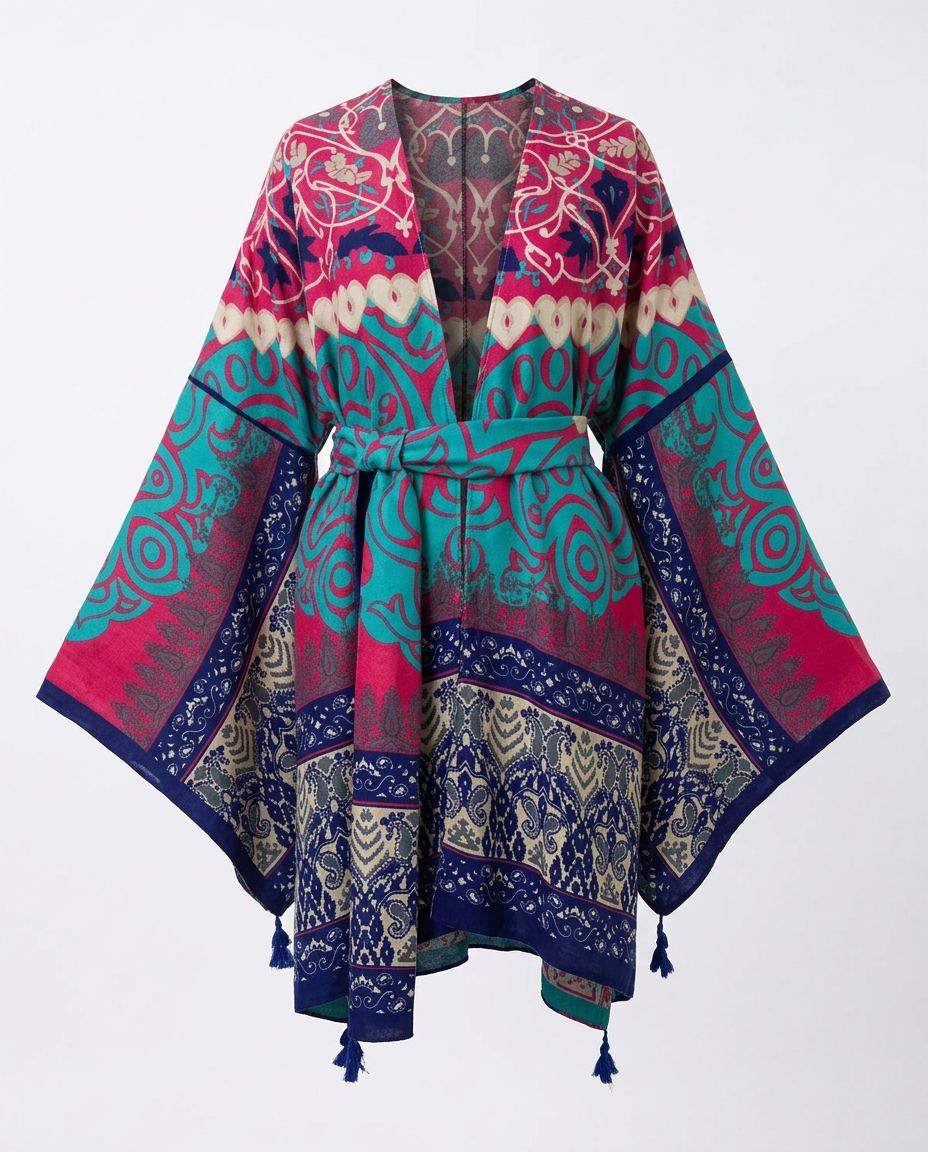 Wanderlust Printed Tassel Kimono Boho Brown
