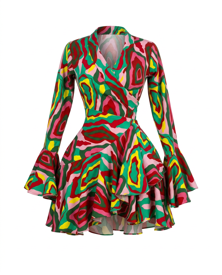 Vibrant Printed Ruffle Wrap Dress Boho Brown