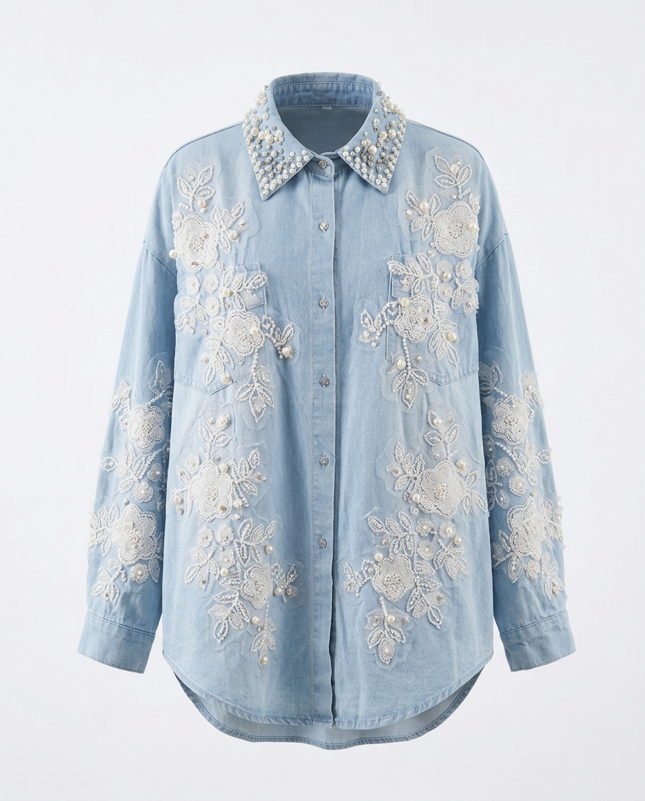 Divine Pearl Floral Denim Blouse Boho Brown