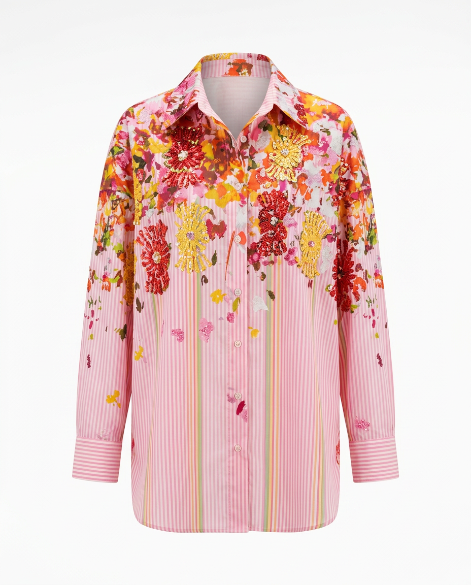 Spirited Striped Floral Blouse Boho Brown