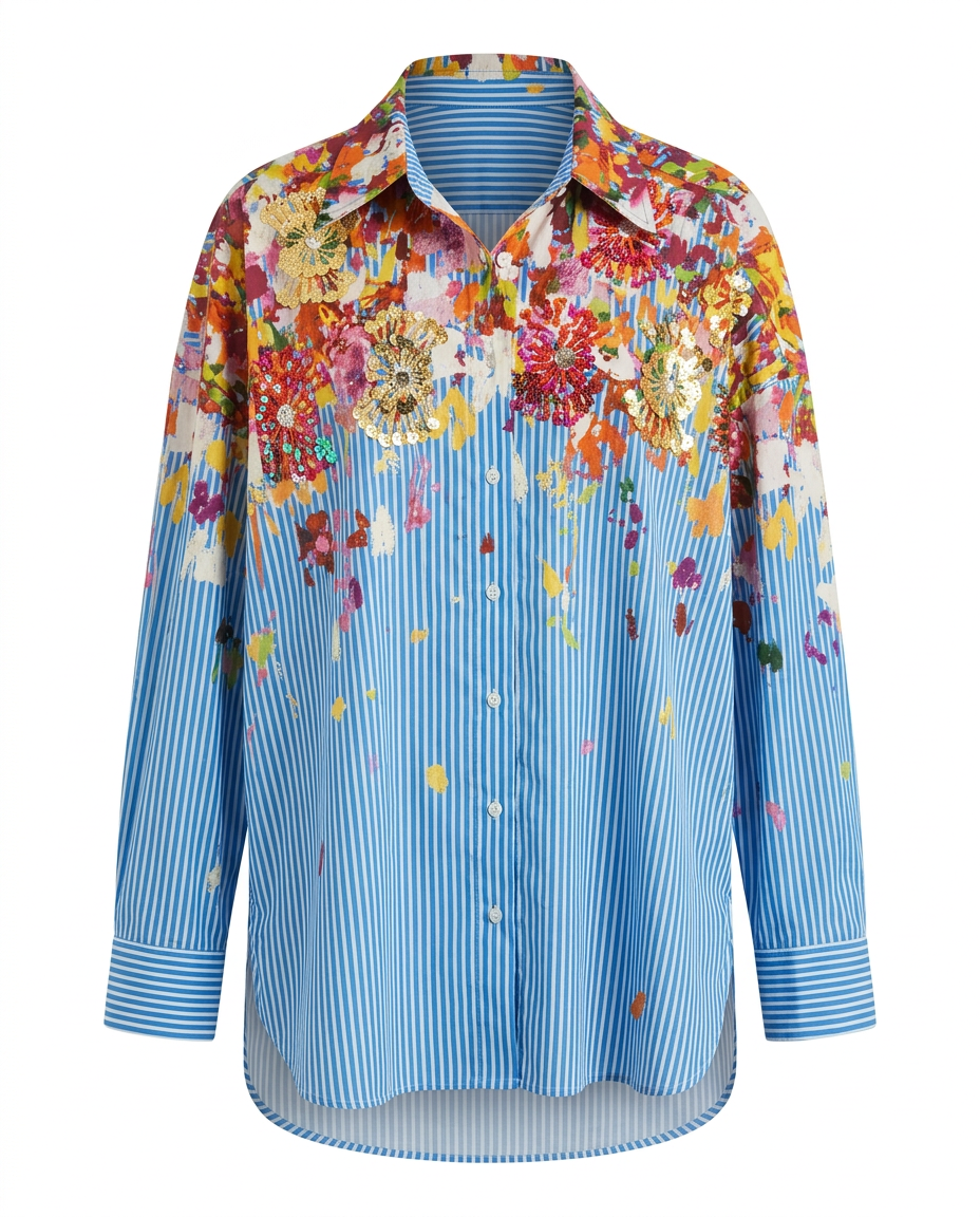 Spirited Striped Floral Blouse Boho Brown