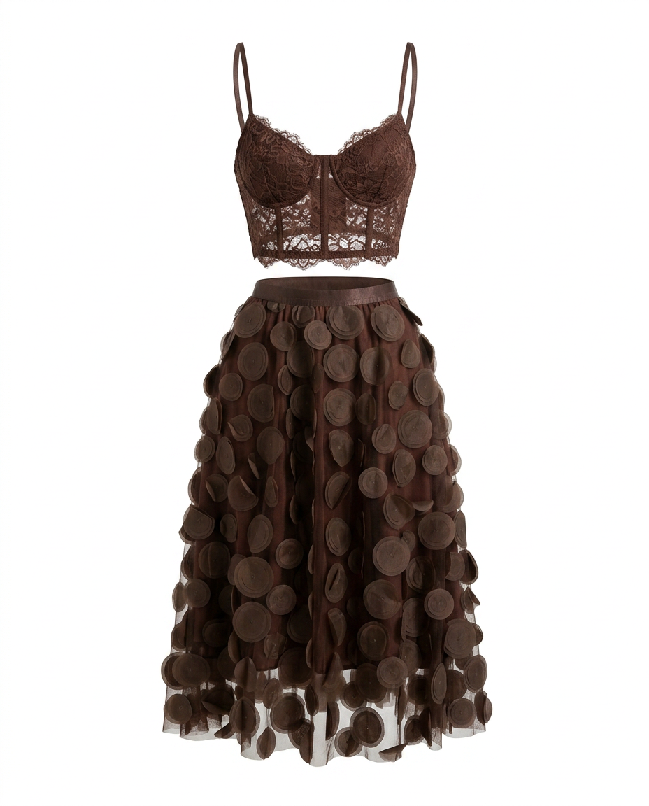Radiant Meshed Polka Dot Two-Piece Set Boho Brown