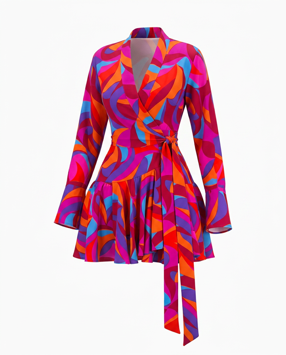 Vibrant Printed Ruffle Wrap Dress Boho Brown