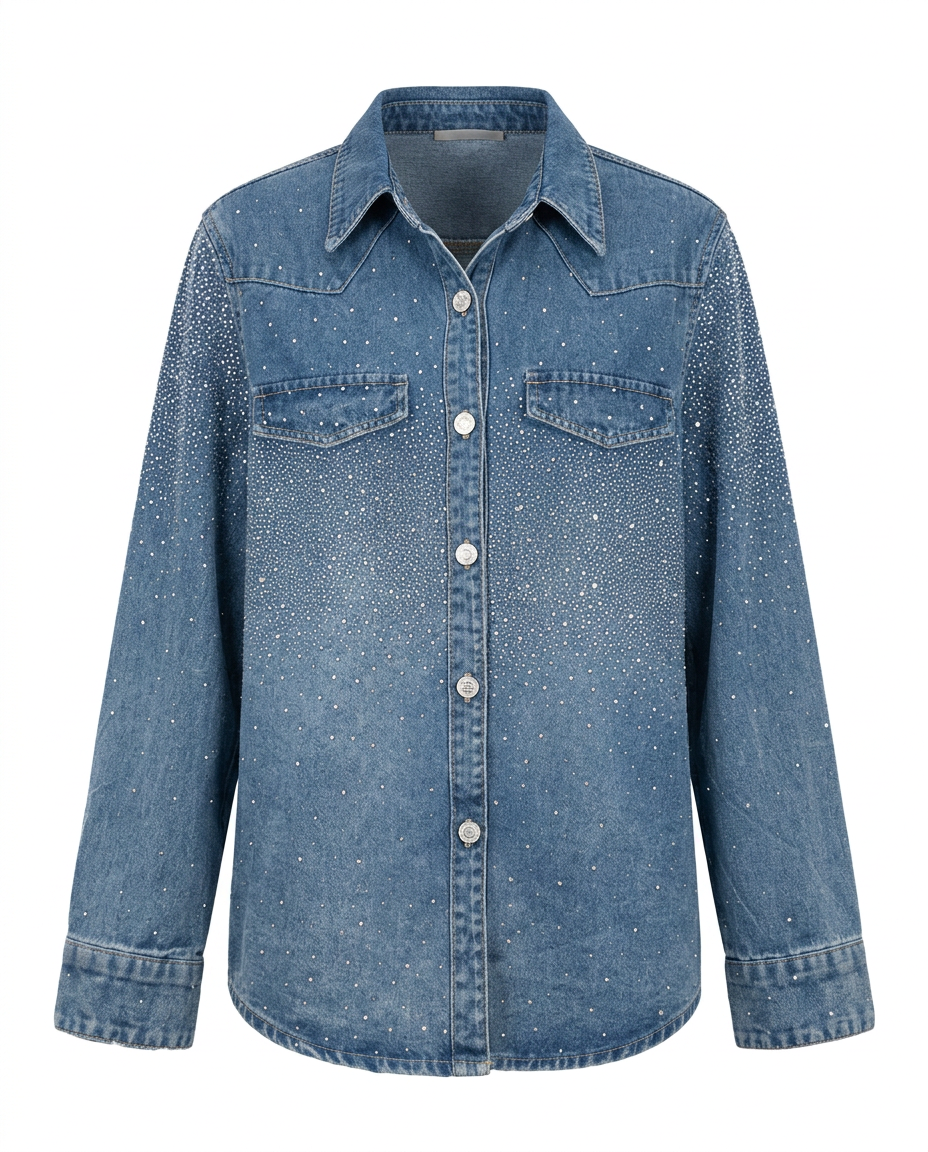 Radiant Rhinestone Denim Shirt Boho Brown