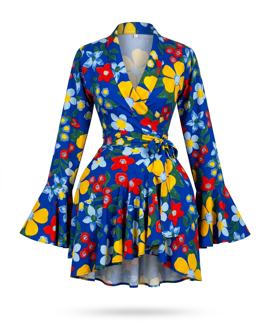 Vibrant Printed Ruffle Wrap Dress Boho Brown