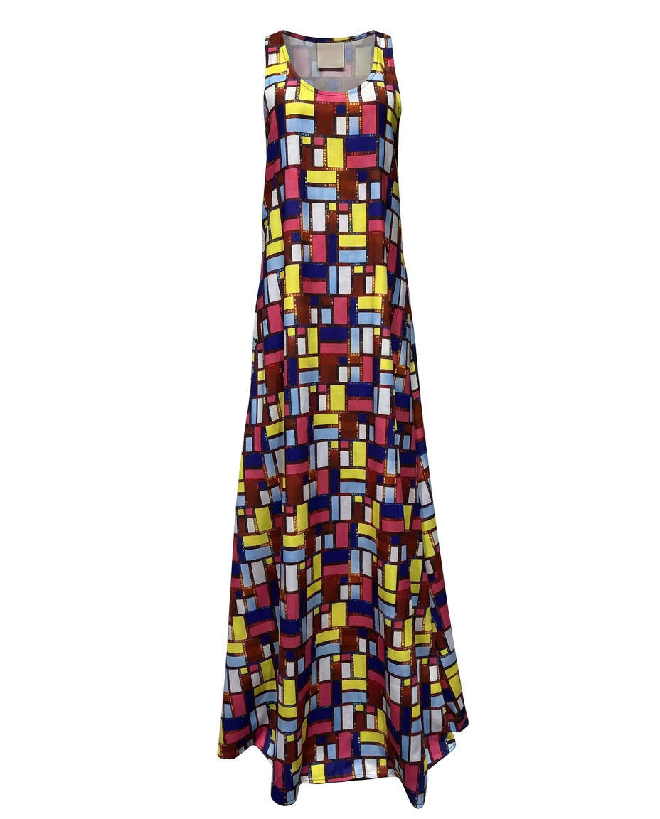 Vibrant Geometric Print Maxi Dress Boho Brown
