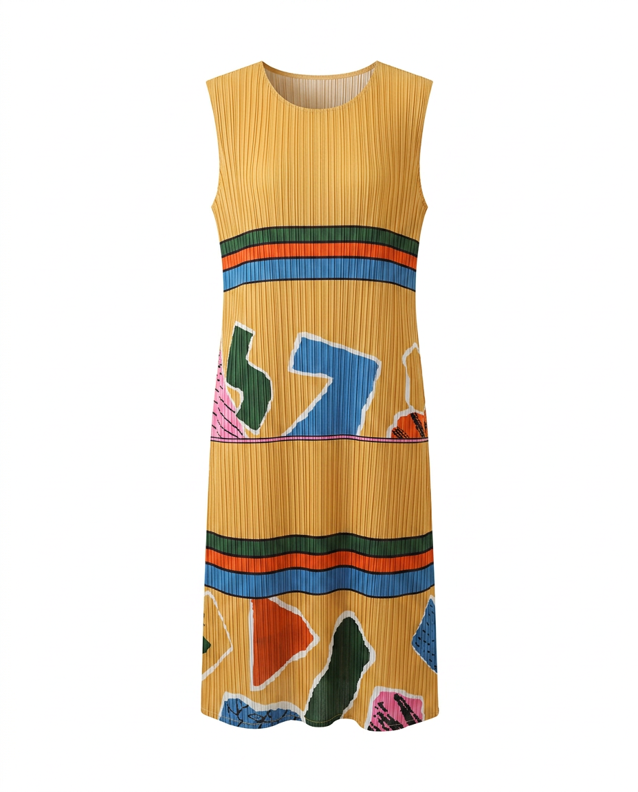 Vibrant Geometric Pleated Midi Dress Boho Brown
