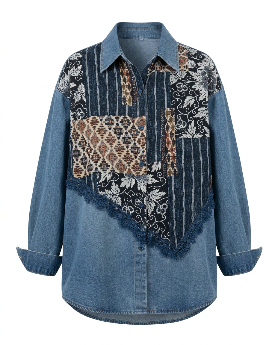 Free Spirit Patchwork Denim Blouse Boho Brown