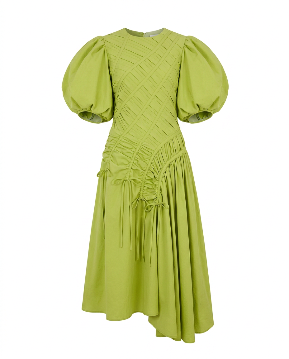 Vibrant Pleated Puff Sleeve Dress Boho Brown