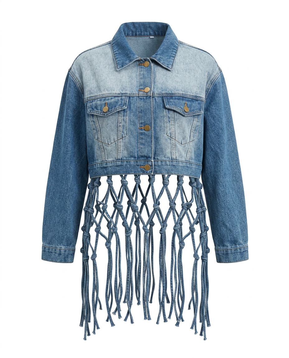 Bold Woven Tassel Denim Jacket Boho Brown