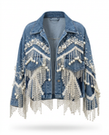 Wild Heart Pearl Tassel Denim Jacket Boho Brown