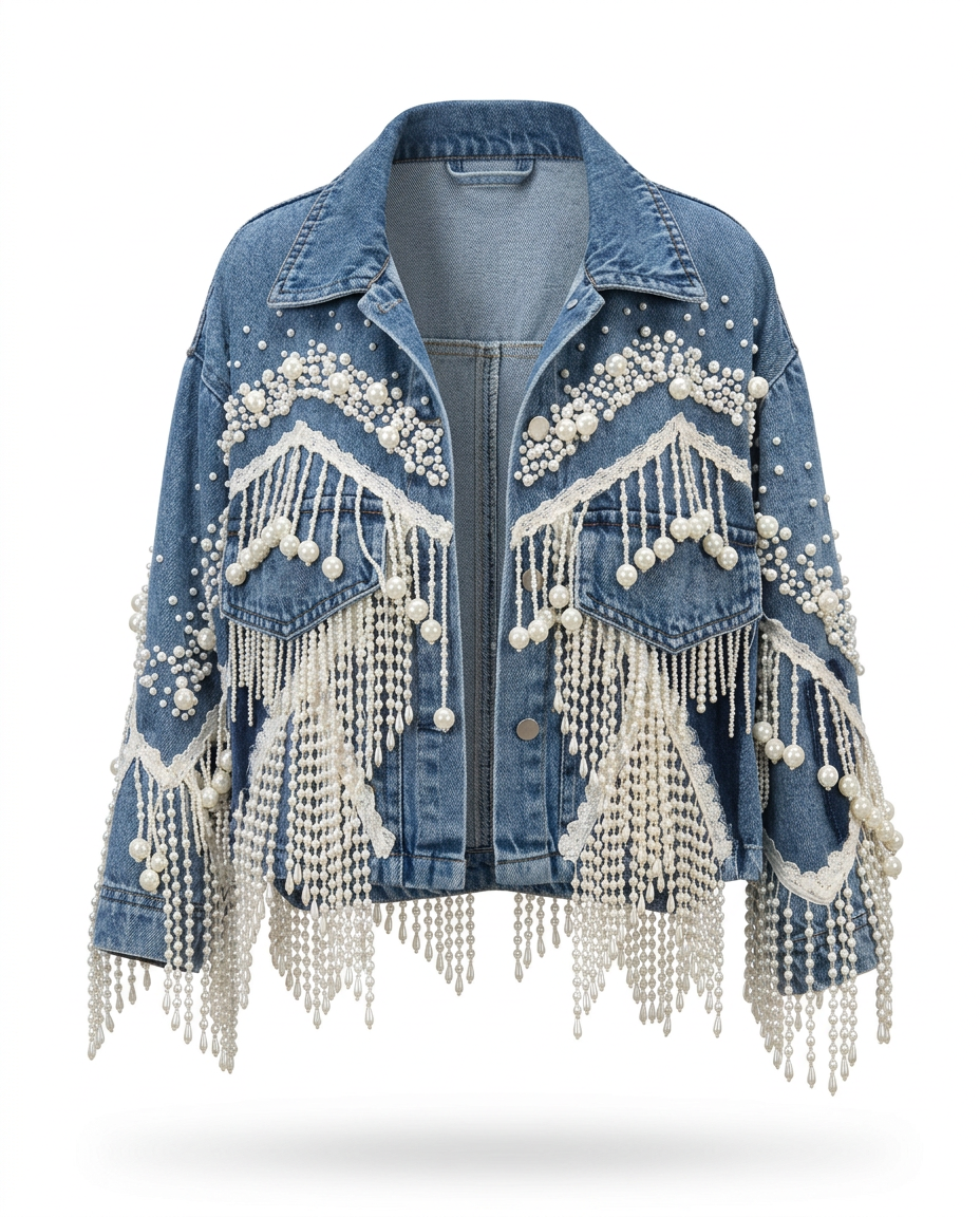 Wild Heart Pearl Tassel Denim Jacket Boho Brown