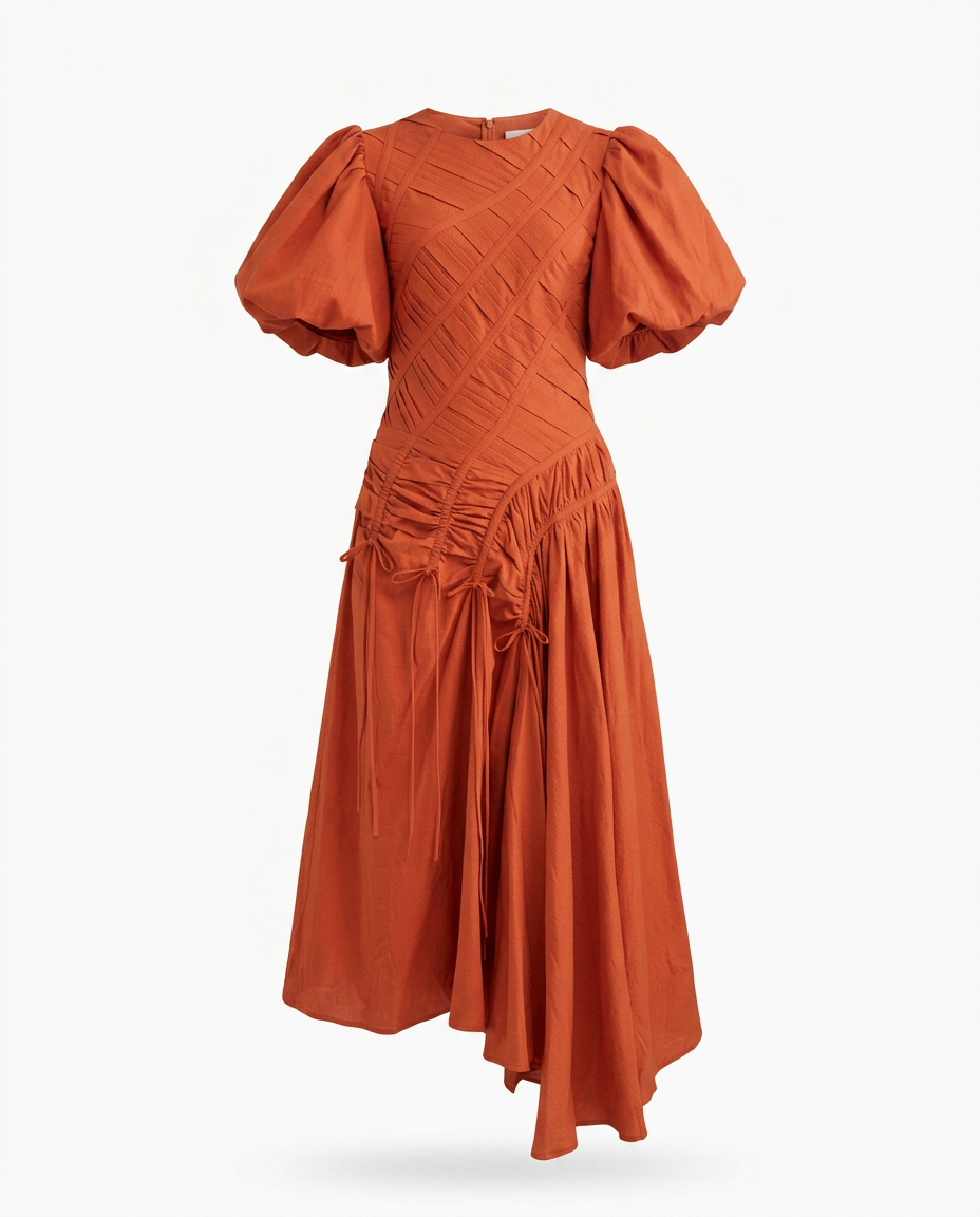 Vibrant Pleated Puff Sleeve Dress Boho Brown