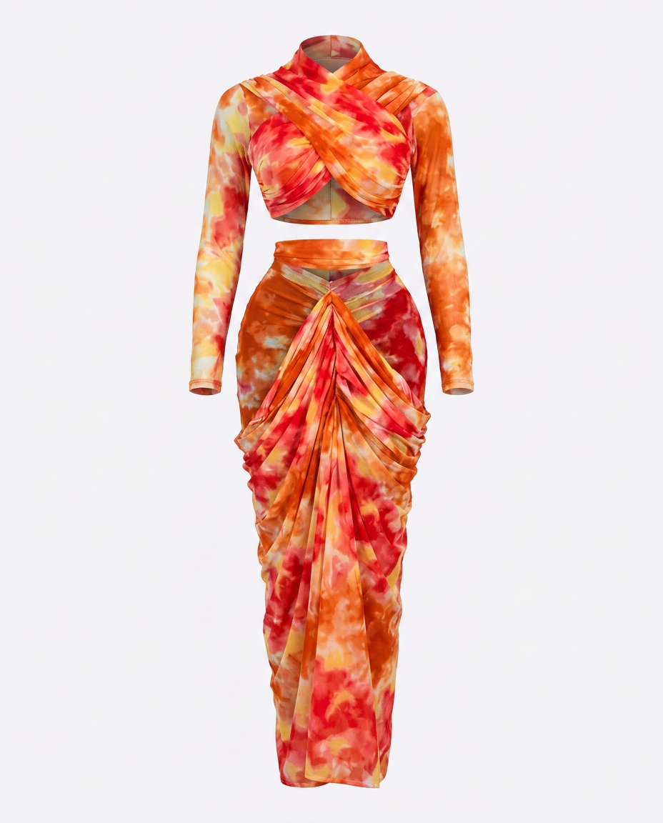 Vibrant Tie-Dye Ruched Maxi Set Boho Brown