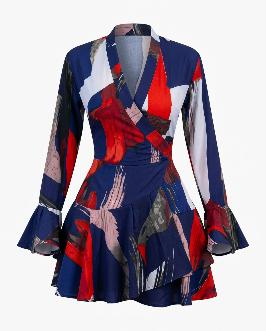 Vibrant Printed Ruffle Wrap Dress Boho Brown
