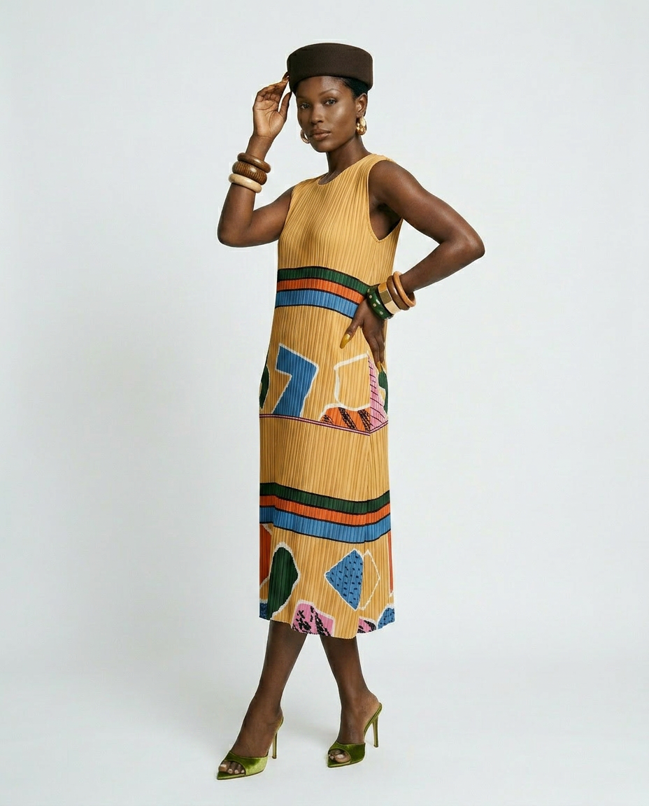 Vibrant Geometric Pleated Midi Dress Boho Brown