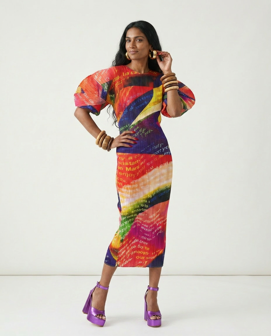 Vibrant Printed Pleated Maxi Dress Boho Brown