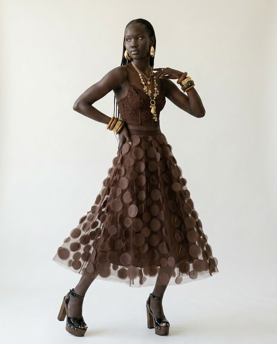 Radiant Meshed Polka Dot Two-Piece Set Boho Brown