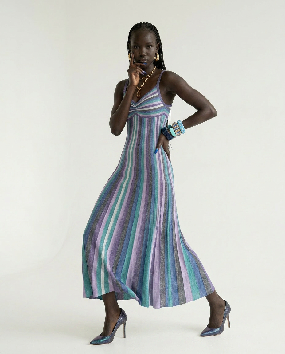 Vibrant Striped Knit Midi Dress Boho Brown