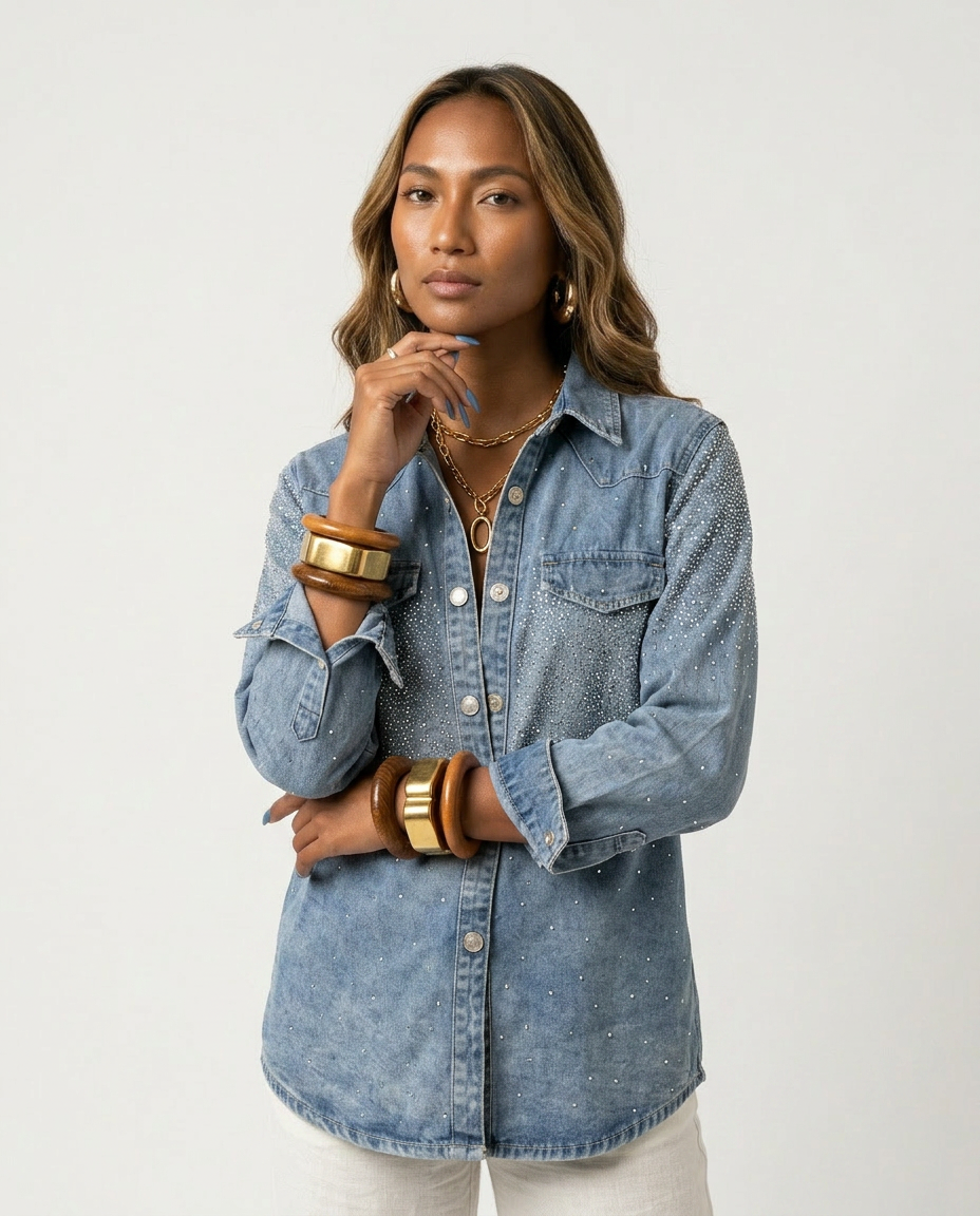 Radiant Rhinestone Denim Shirt Boho Brown