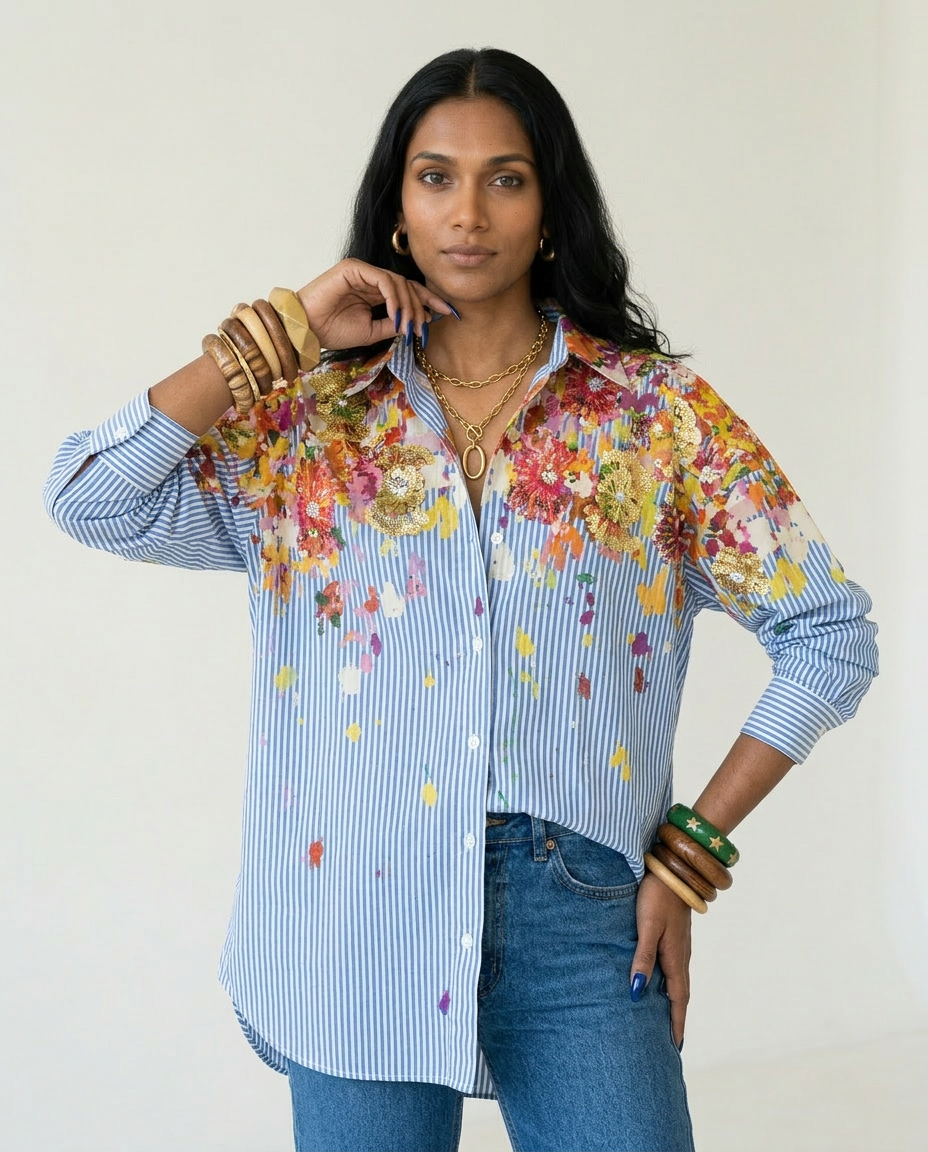 Spirited Striped Floral Blouse Boho Brown