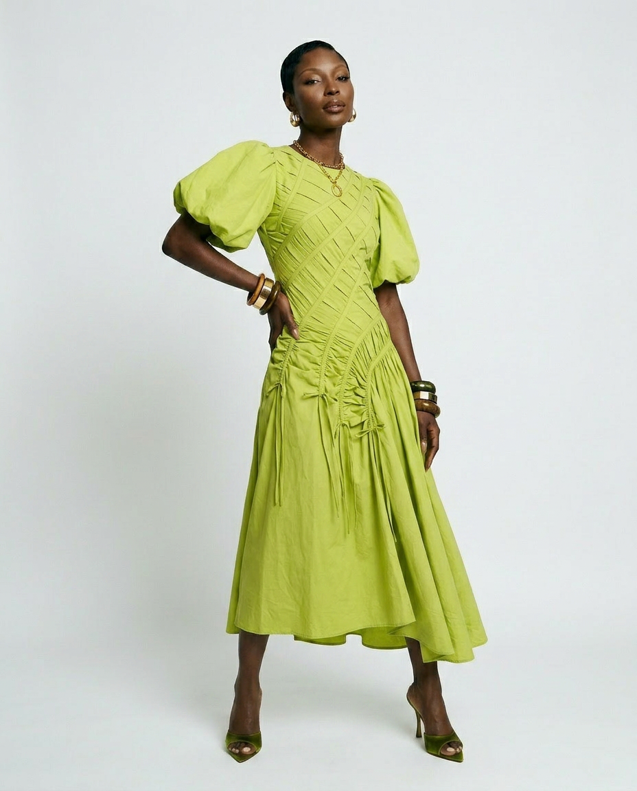 Vibrant Pleated Puff Sleeve Dress Boho Brown