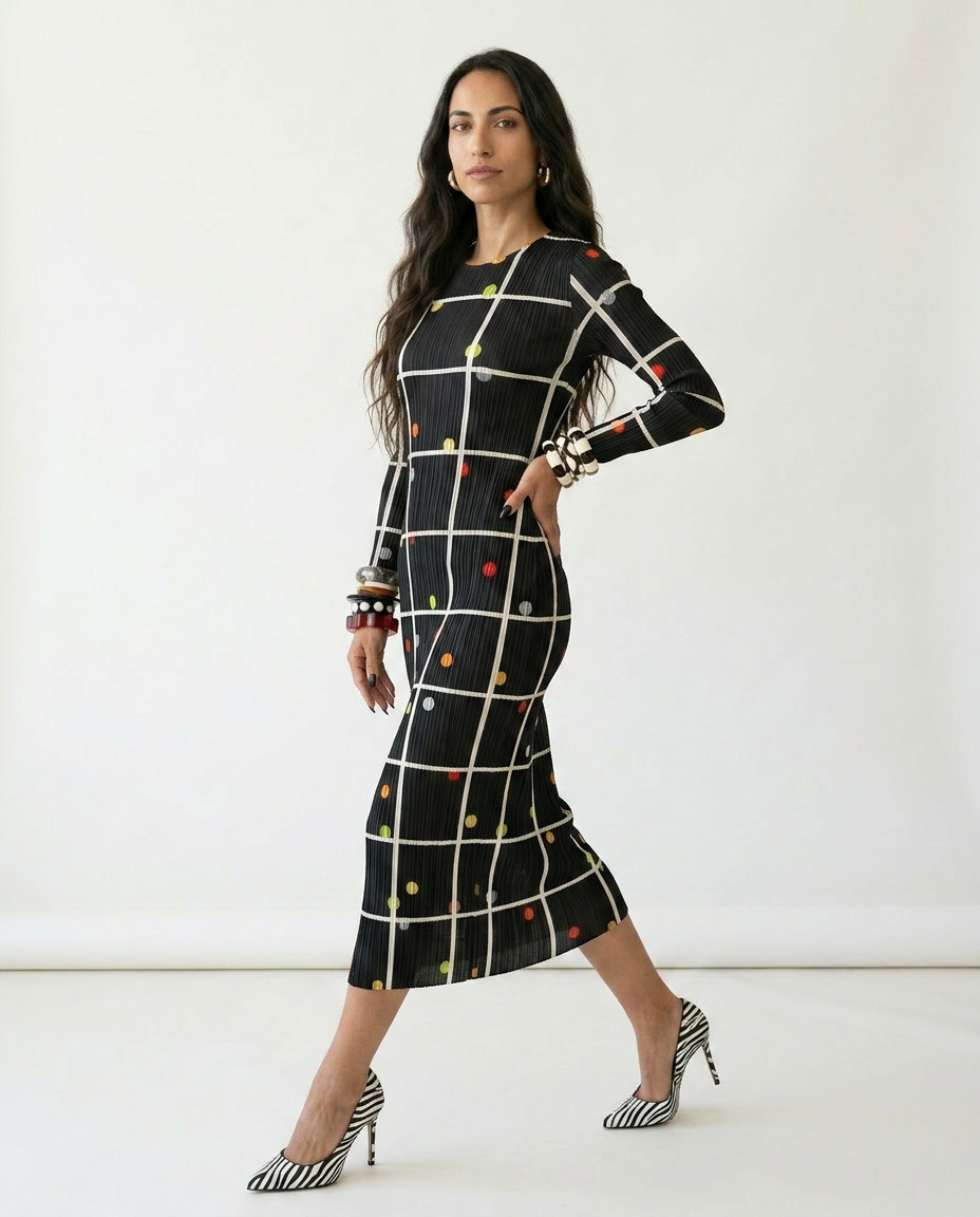 Vibrant Plaid Pleated Maxi Dress Boho Brown