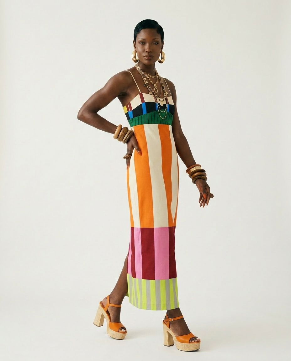 Vibrant Striped Bodycon Maxi Dress Boho Brown