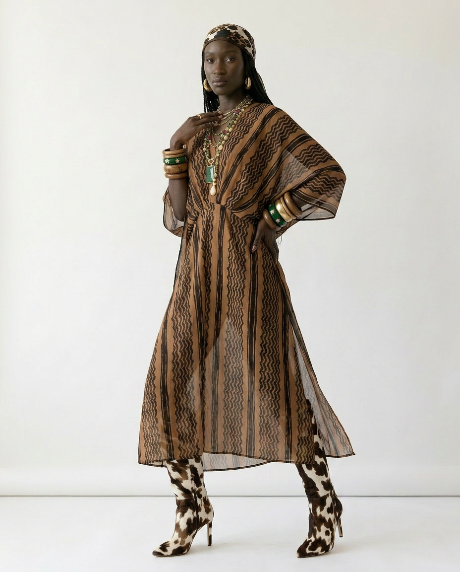 Wanderlust Printed Vacation Kaftan Boho Brown