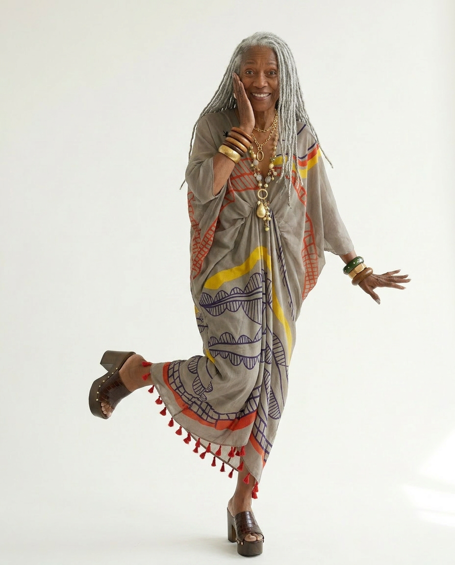 Wanderlust Graffiti Print Tassel Kaftan Boho Brown