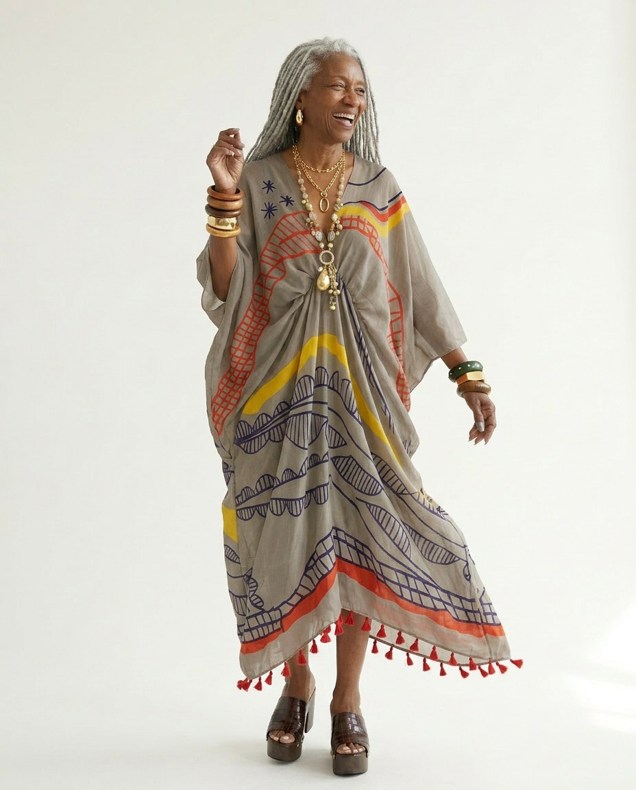 Wanderlust Graffiti Print Tassel Kaftan Boho Brown