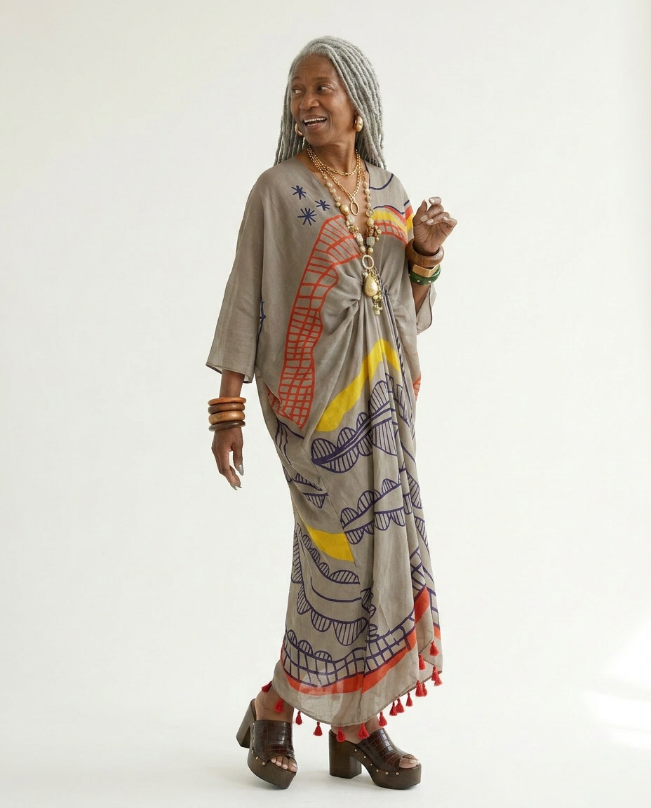 Wanderlust Graffiti Print Tassel Kaftan Boho Brown