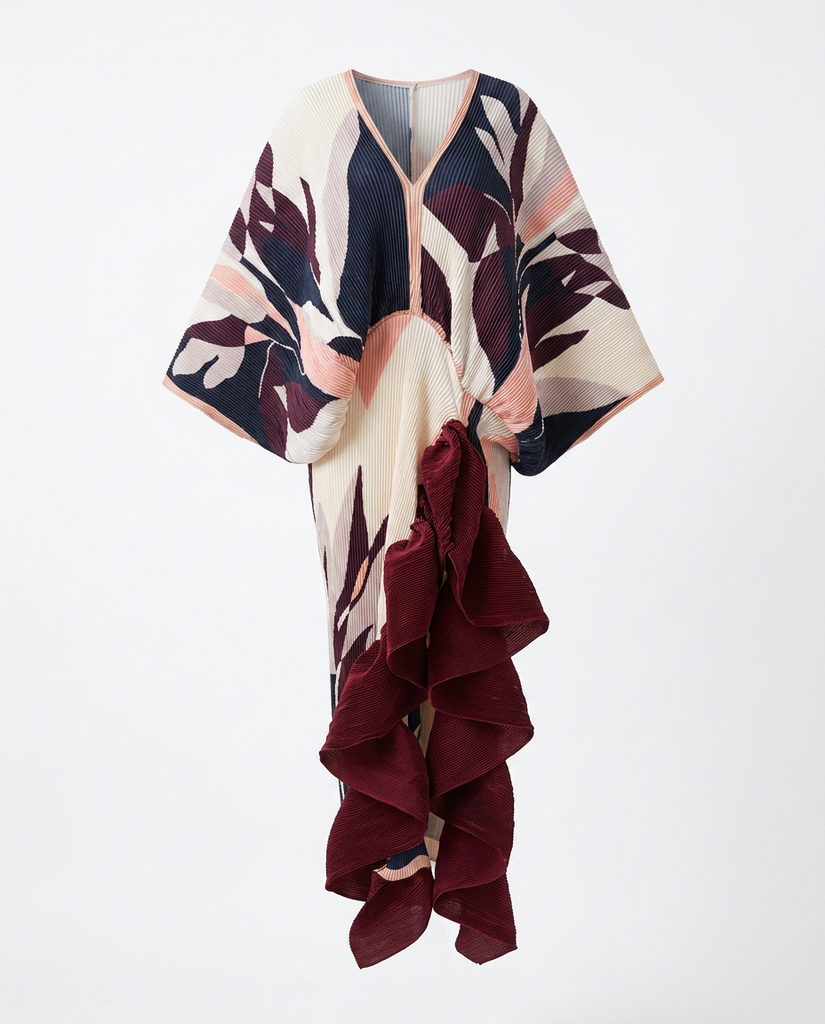 Ethereal Pleated Ruffle Maxi Kaftan Boho Brown
