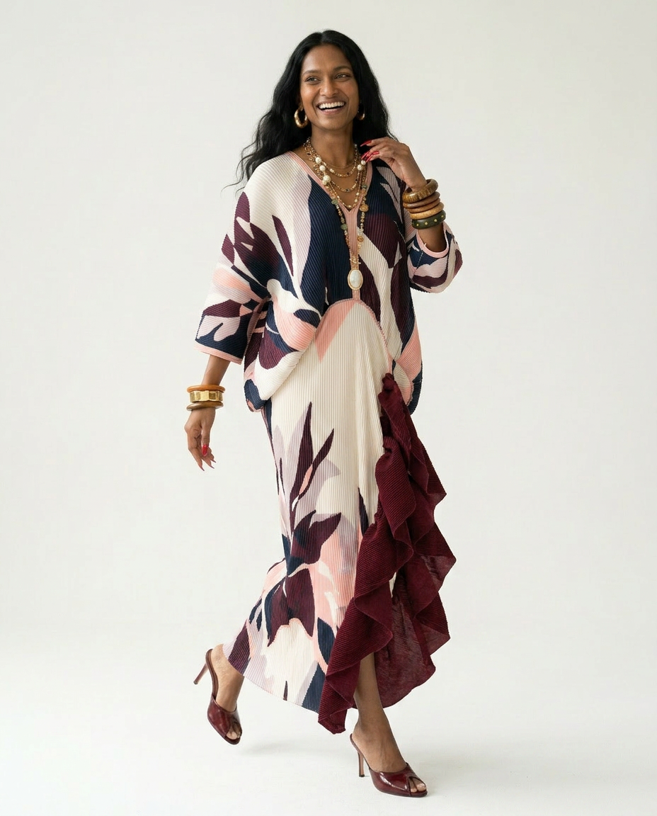 Ethereal Pleated Ruffle Maxi Kaftan Boho Brown