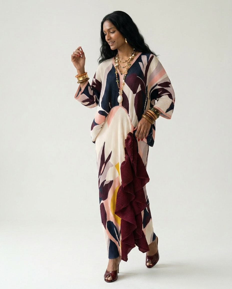 Ethereal Pleated Ruffle Maxi Kaftan Boho Brown