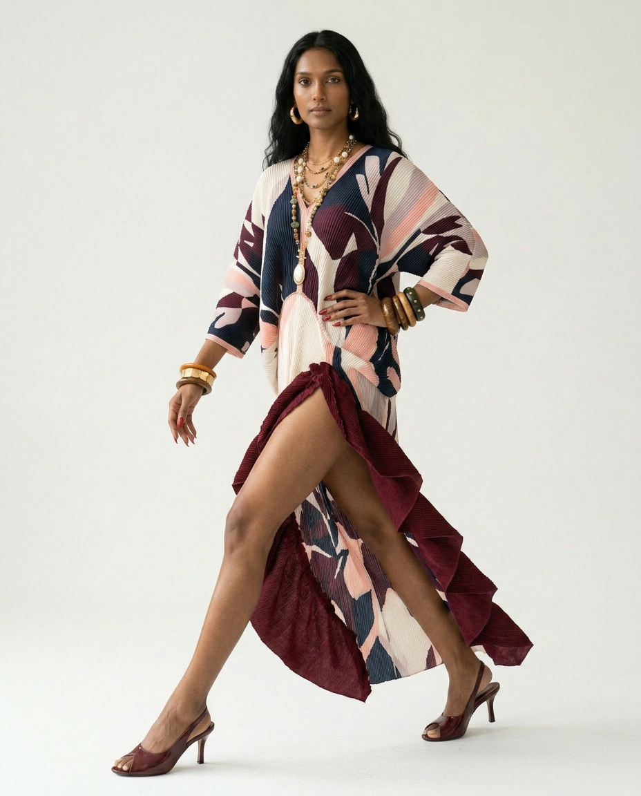 Ethereal Pleated Ruffle Maxi Kaftan Boho Brown