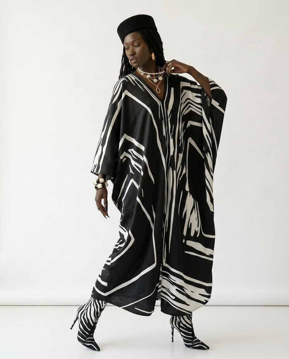 Sovereign Printed Silk Oversized Kaftan Boho Brown