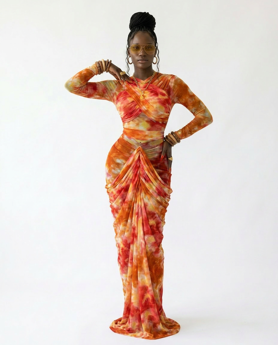 Vibrant Tie-Dye Ruched Maxi Set Boho Brown