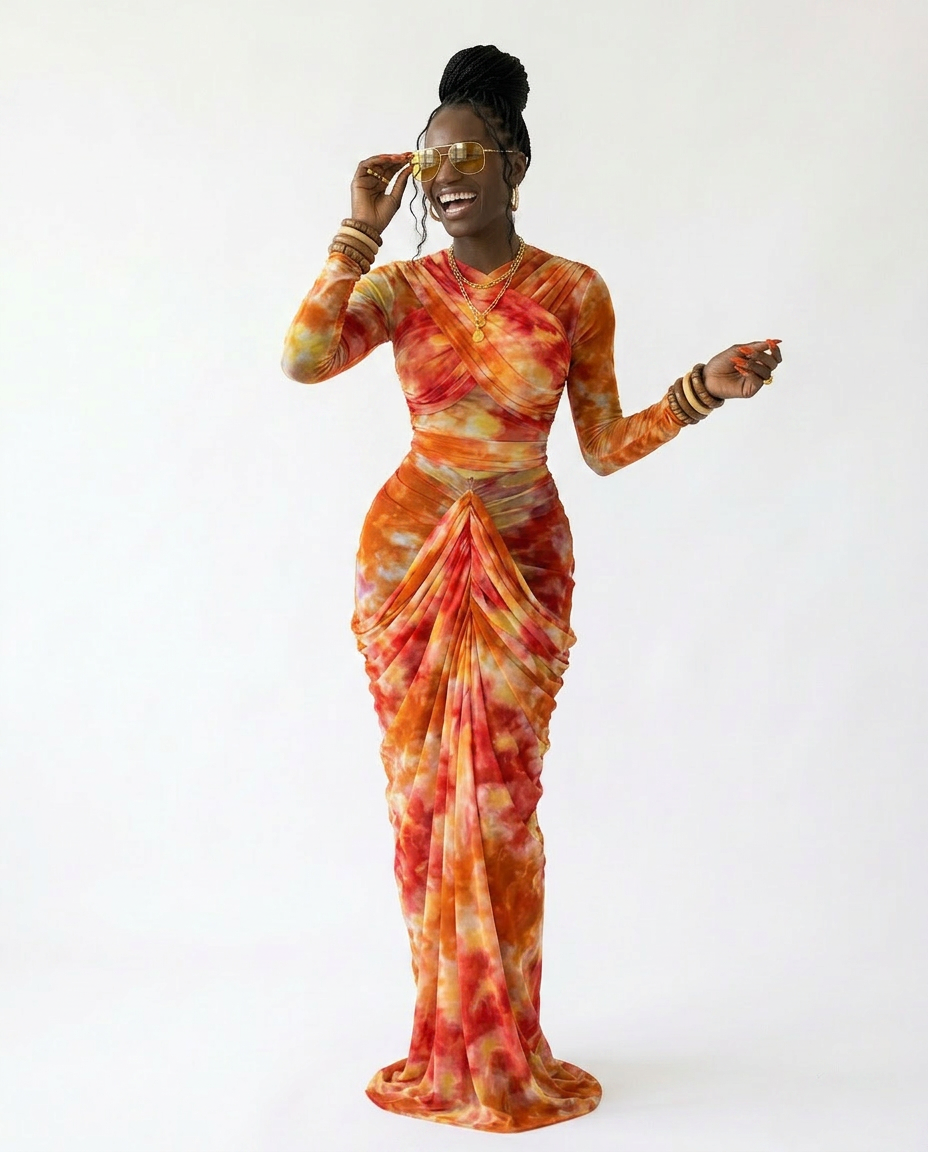 Vibrant Tie-Dye Ruched Maxi Set Boho Brown