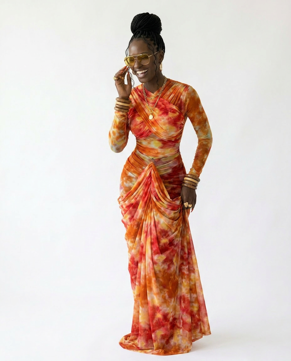 Vibrant Tie-Dye Ruched Maxi Set Boho Brown