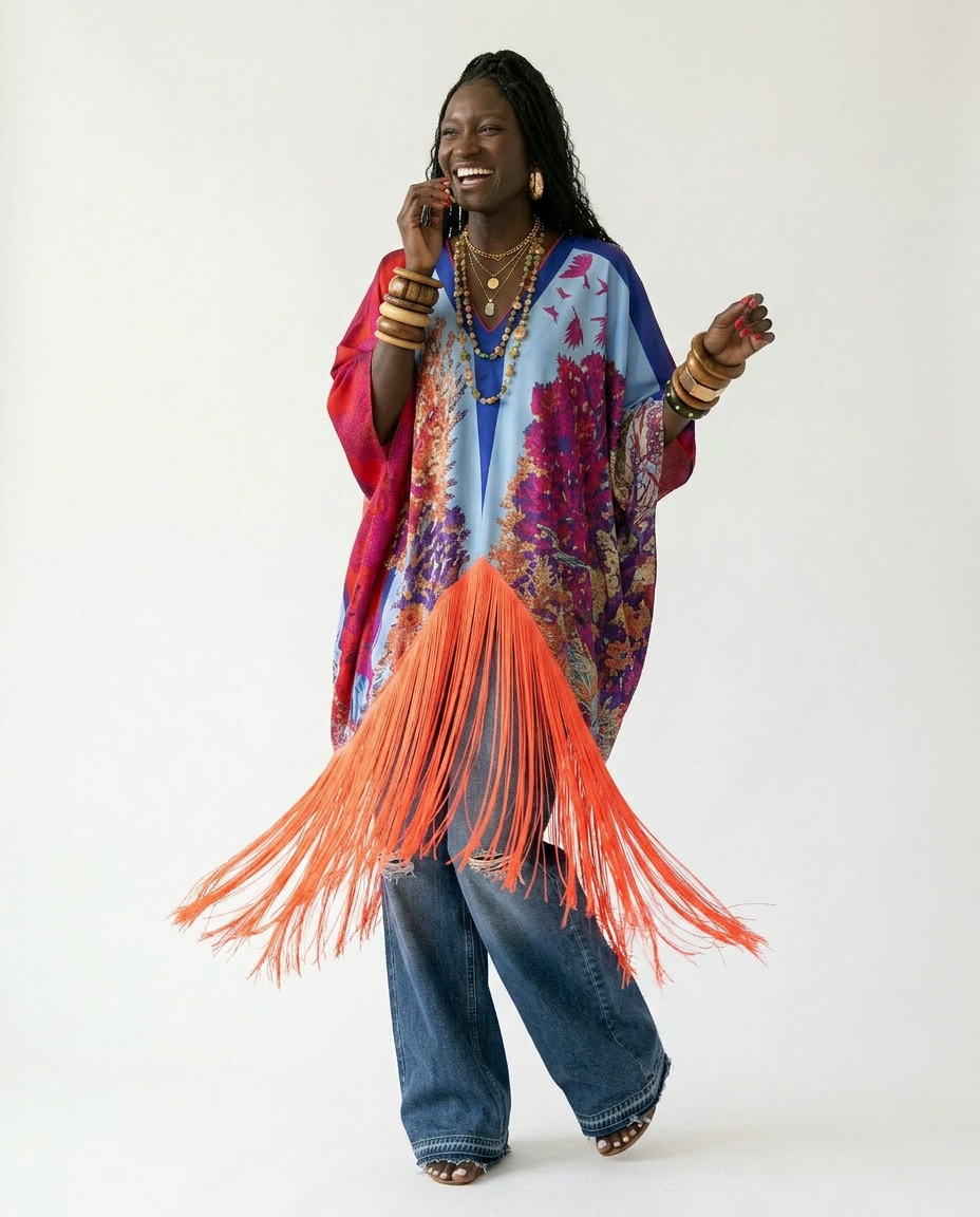 Spirited Tassel Print Maxi Kaftan Boho Brown