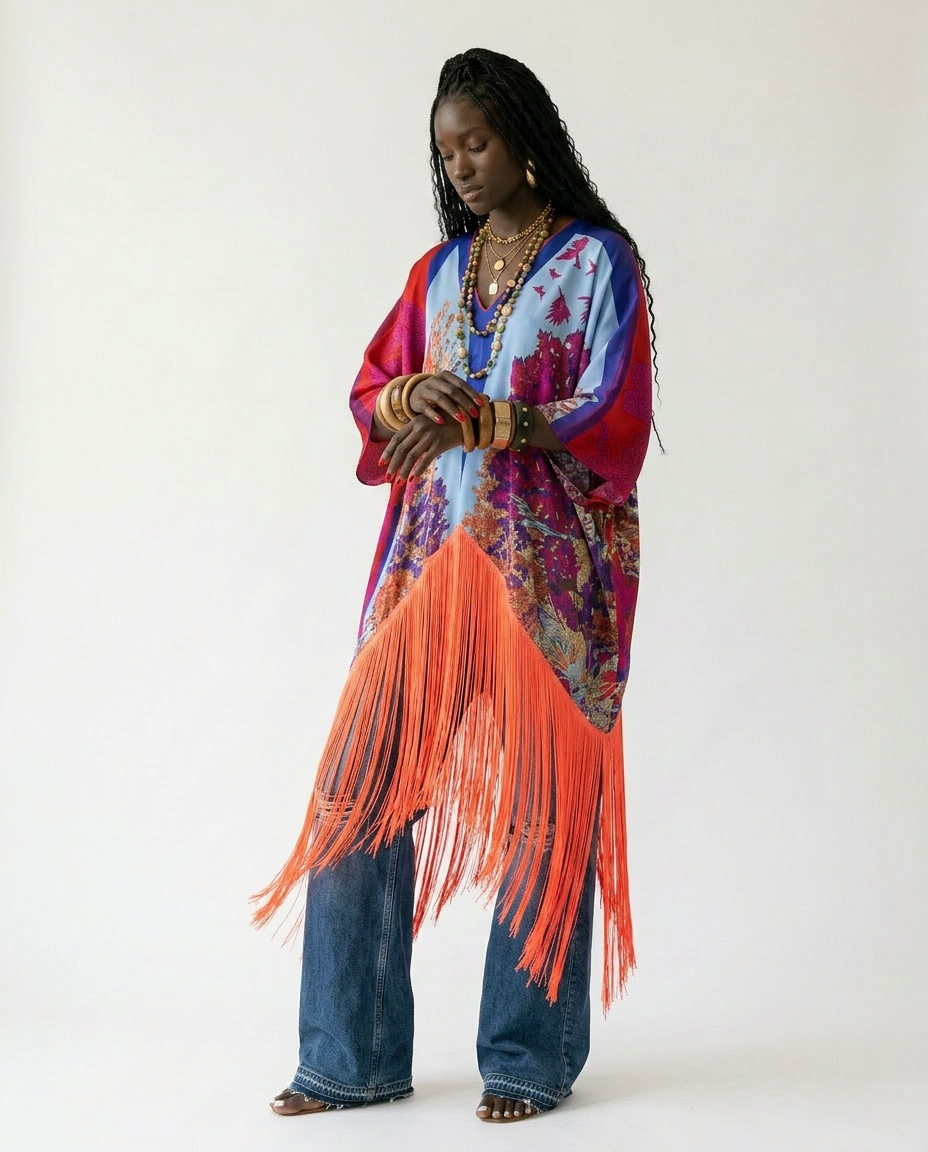 Spirited Tassel Print Maxi Kaftan Boho Brown