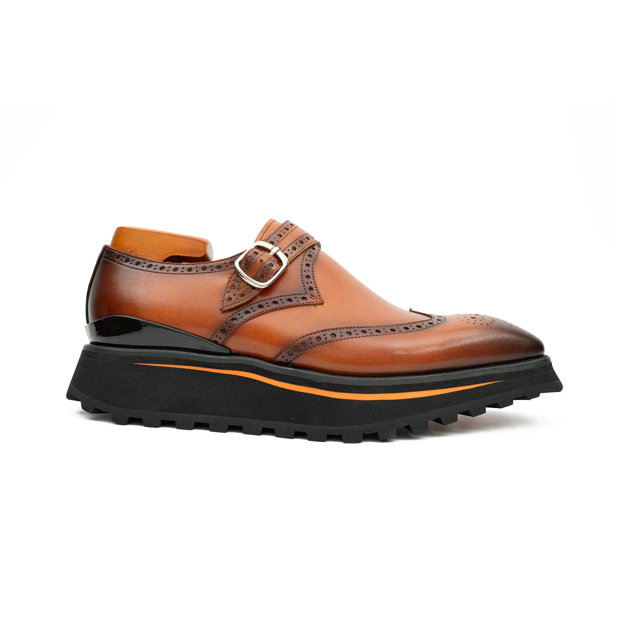 Brown Brogue Monk Shoes With Chunky Sole Divinch