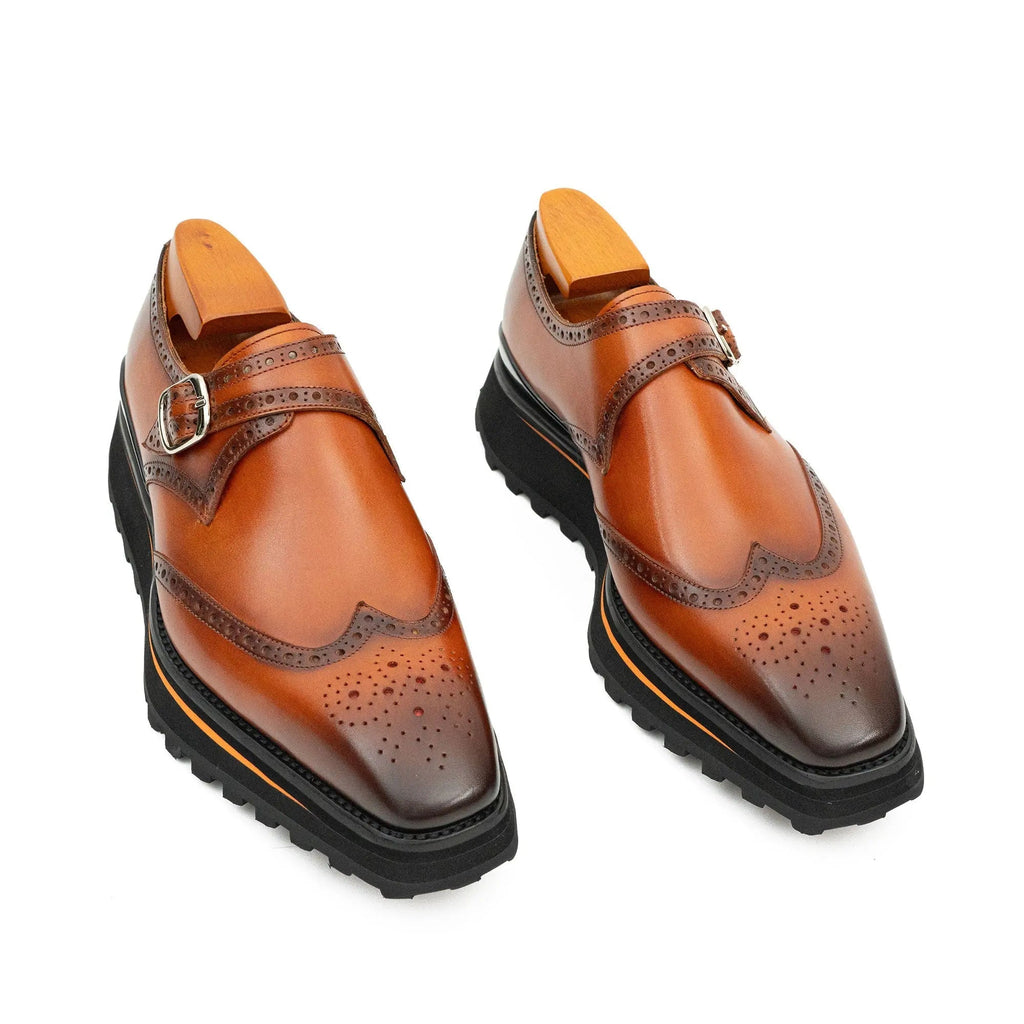 Brown Brogue Monk Shoes With Chunky Sole Divinch