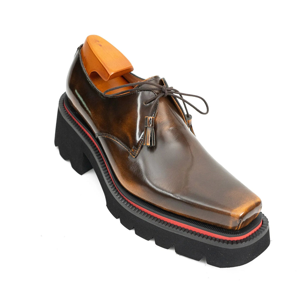 Brown Patent Leather Chunky Sole Derby Shoes Divinch