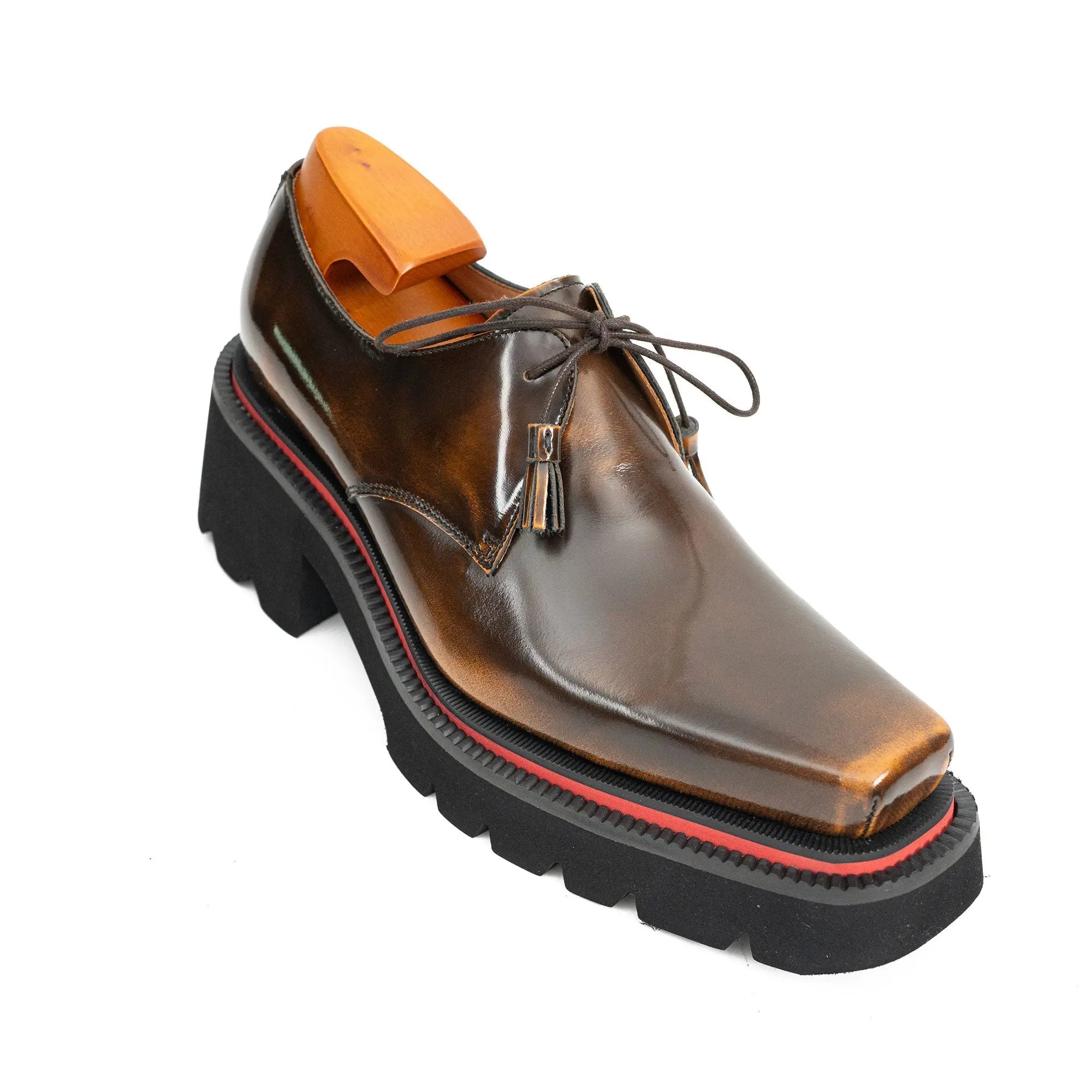 Brown Patent Leather Chunky Sole Derby Shoes Divinch