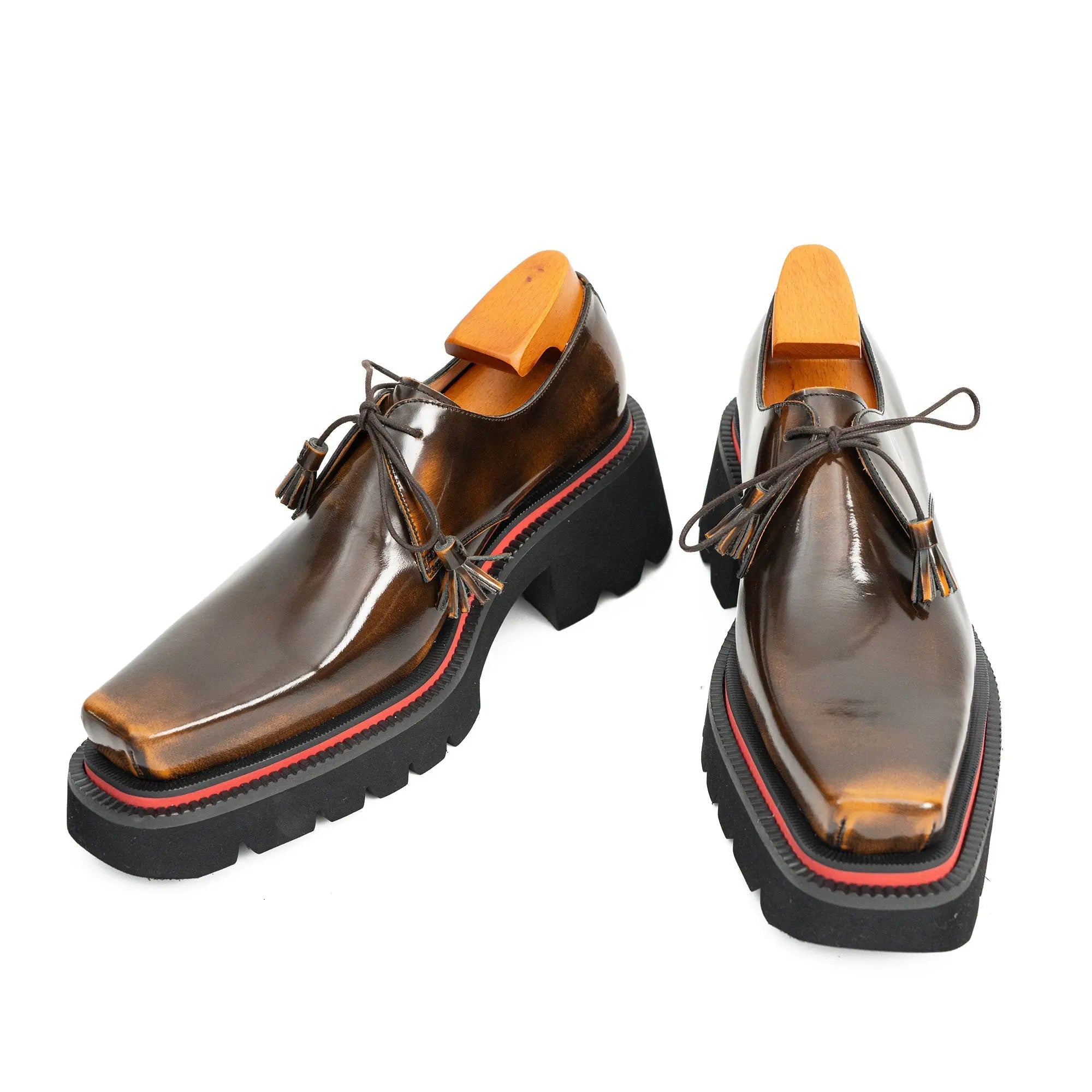 Brown Patent Leather Chunky Sole Derby Shoes Divinch